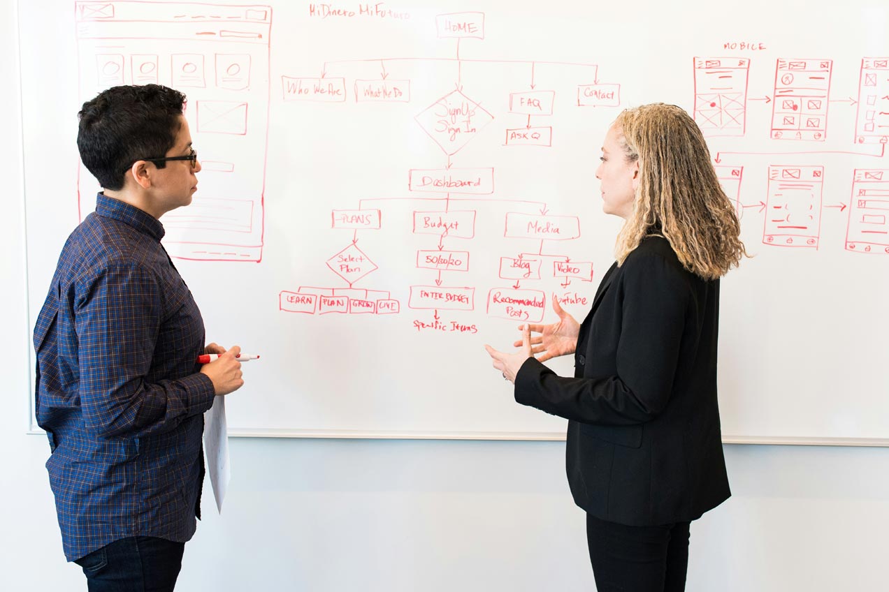 Two people are standing in front of a white board looking at it. On the white board there are drawings of app screen designs and user flows done in red pen.